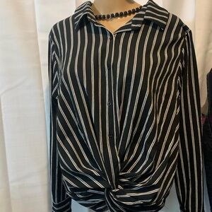 Plus 2x Womans Top, Career Top Slenderizing Vertical Stripe- Cute Knotted Waist!